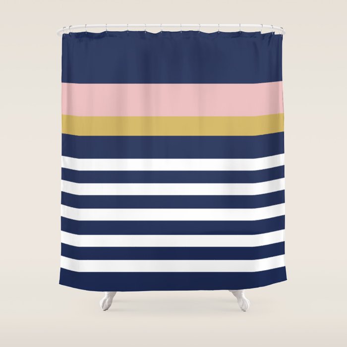 Graduated Stripes In Navy Blue, Blush Pink, Mustard Yellow, And White. Minimalist Color Block Design Shower Curtain