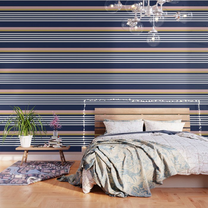 Graduated Stripes In Navy Blue, Blush Pink, Mustard Yellow, And White. Minimalist Color Block Design Wallpaper