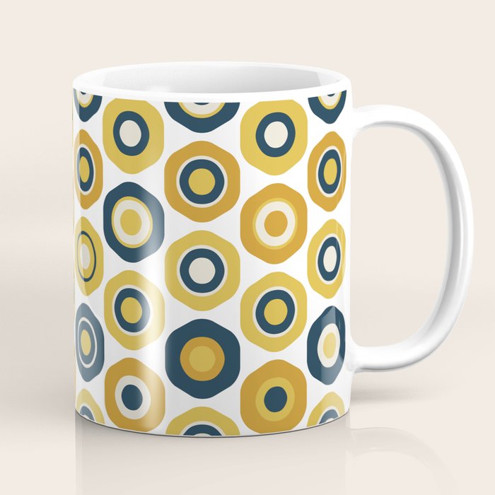Buttons. Cute Geometric Pattern In Mustard Yellows, Blue, And Taupe On White Coffee Mug