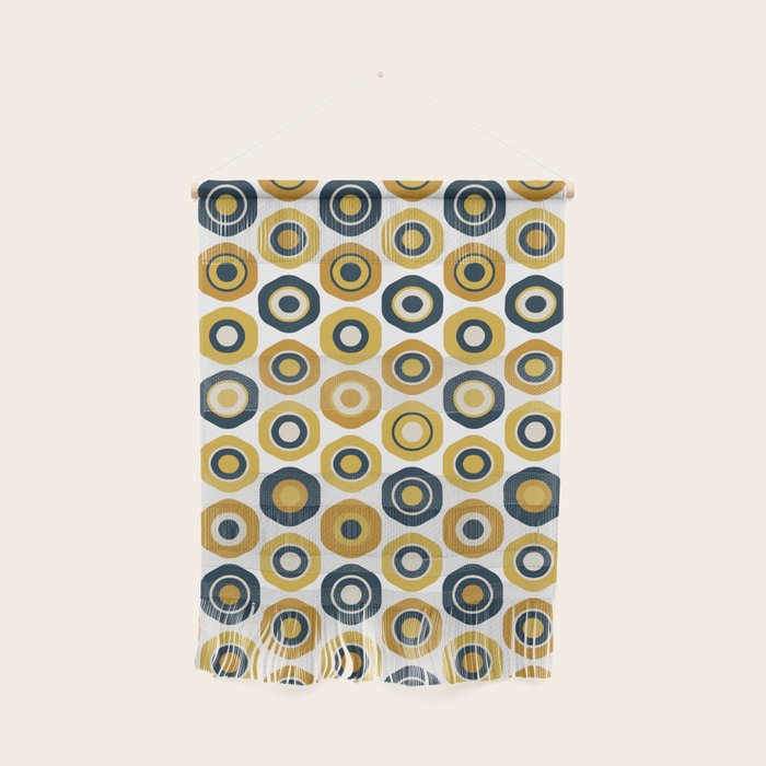 Buttons. Cute Geometric Pattern In Mustard Yellows, Blue, And Taupe On White Wall Hanging