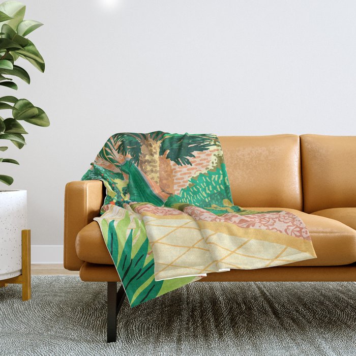 The House With The Green Door, Nature Architecture Painting, Places Stay At Home Tropical Villa Throw Blanket