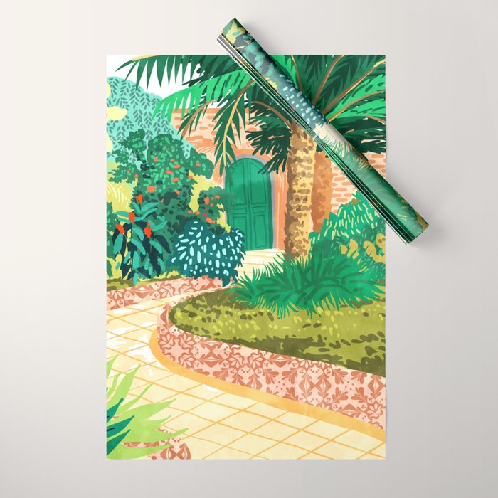 The House With The Green Door, Nature Architecture Painting, Places Stay At Home Tropical Villa Wrapping Paper