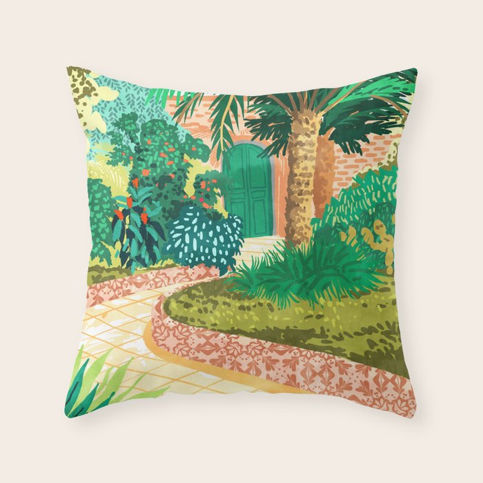 The House With The Green Door, Nature Architecture Painting, Places Stay At Home Tropical Villa Throw Pillow