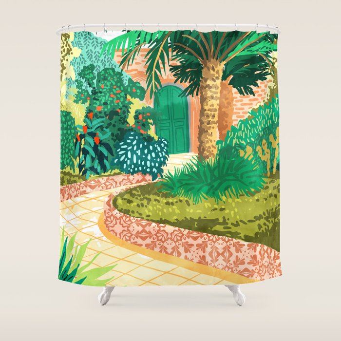 The House With The Green Door, Nature Architecture Painting, Places Stay At Home Tropical Villa Shower Curtain