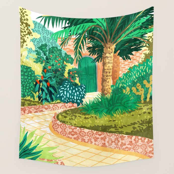The House With The Green Door, Nature Architecture Painting, Places Stay At Home Tropical Villa Wall Tapestry