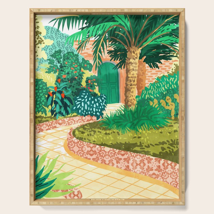 The House With The Green Door, Nature Architecture Painting, Places Stay At Home Tropical Villa Serving Tray