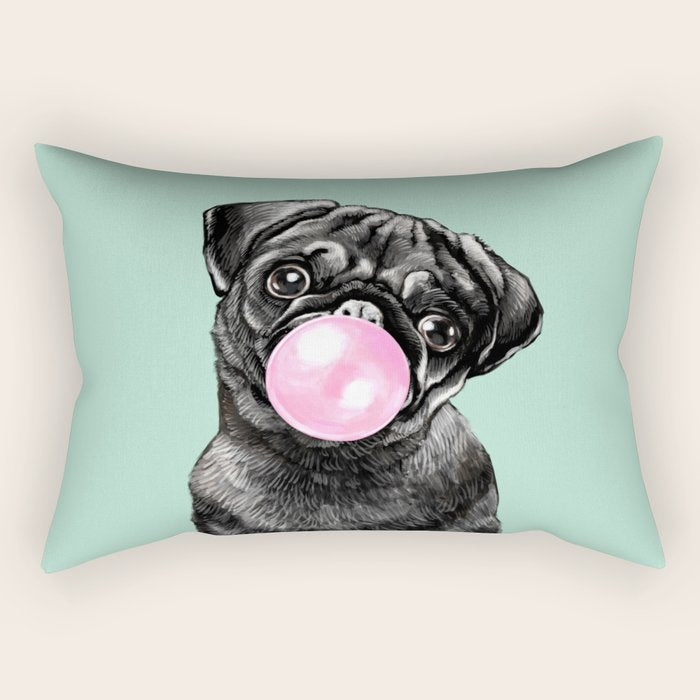 Bubble Gum Black Pug In Green Rectangular Pillow