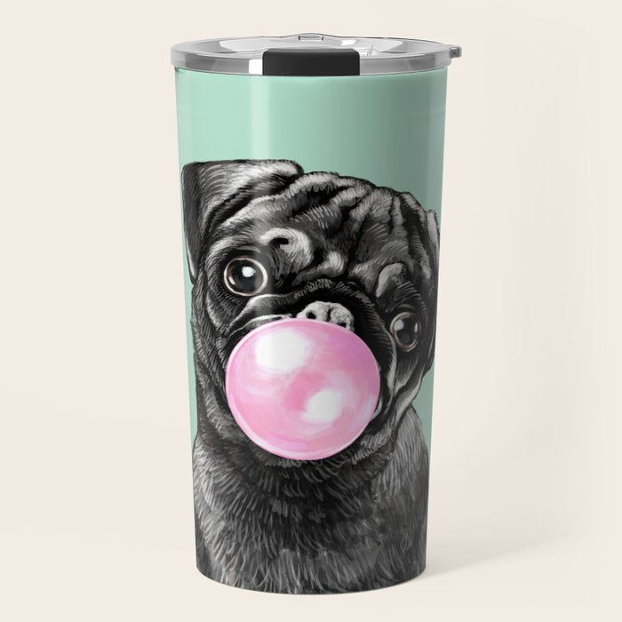 Bubble Gum Black Pug In Green Travel Mug