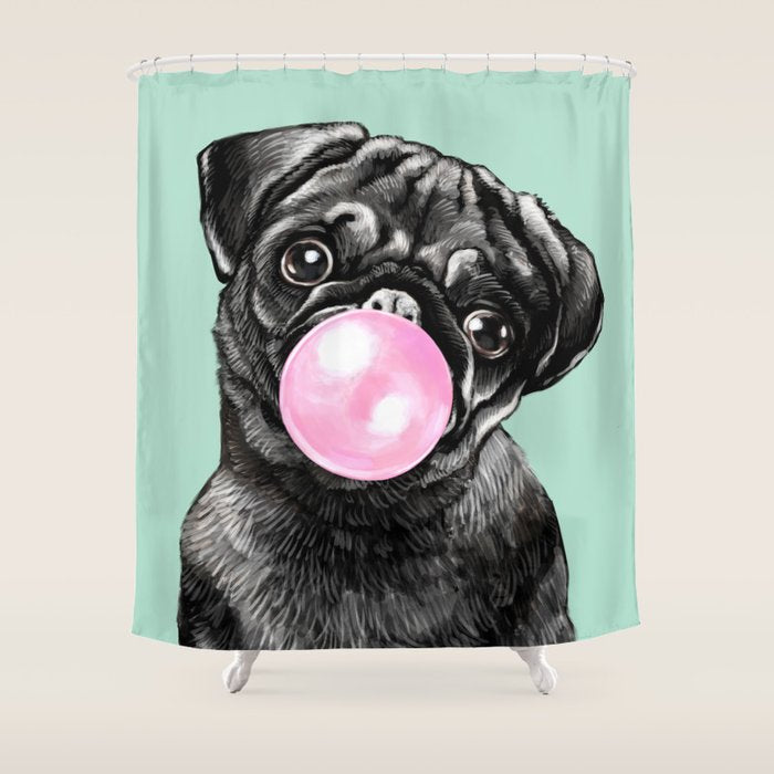 Bubble Gum Black Pug In Green Shower Curtain