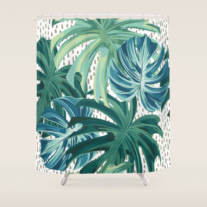 Tropical Palms, Green And Blue, Abstract Shower Curtain