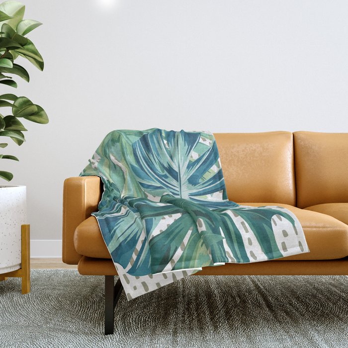 Tropical Palms, Green And Blue, Abstract Throw Blanket