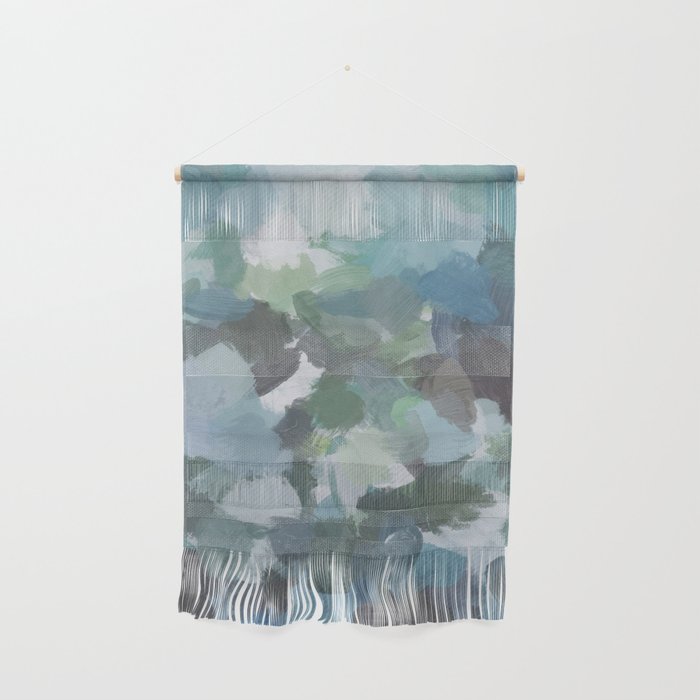 Escaping Reality - Mint Aqua Navy Indigo Sage Lime Green Abstract Nature Painting, Modern Leaves Sky Wall Hanging