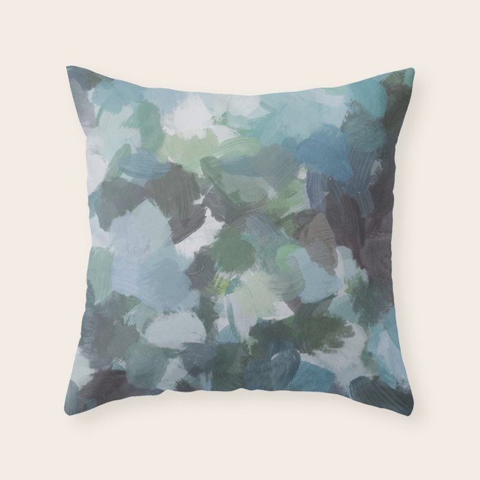 Escaping Reality - Mint Aqua Navy Indigo Sage Lime Green Abstract Nature Painting, Modern Leaves Sky Throw Pillow