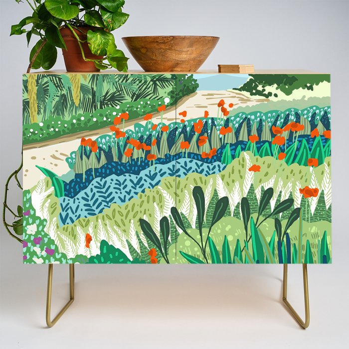 Solo Walk, Nature Jungle Forest Tropical Colorful Vibrant Bortanical Illustration Painting Credenza