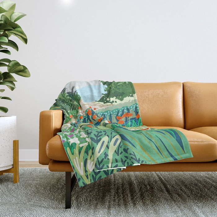 Solo Walk, Nature Jungle Forest Tropical Colorful Vibrant Bortanical Illustration Painting Throw Blanket