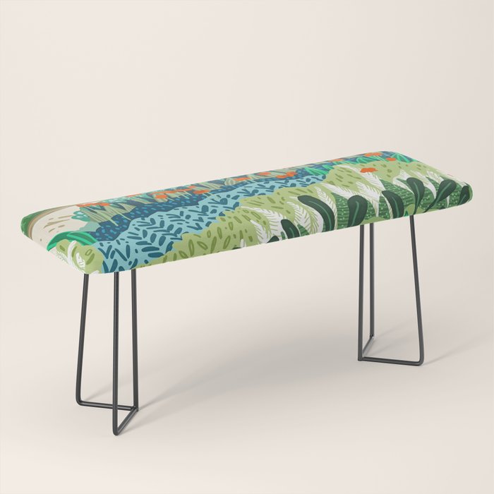 Solo Walk, Nature Jungle Forest Tropical Colorful Vibrant Bortanical Illustration Painting Bench