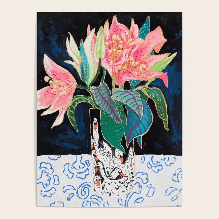 Swan Vase With Pink Lily Flower Bouquet On Dark Blue And Black Winter Floral Poster