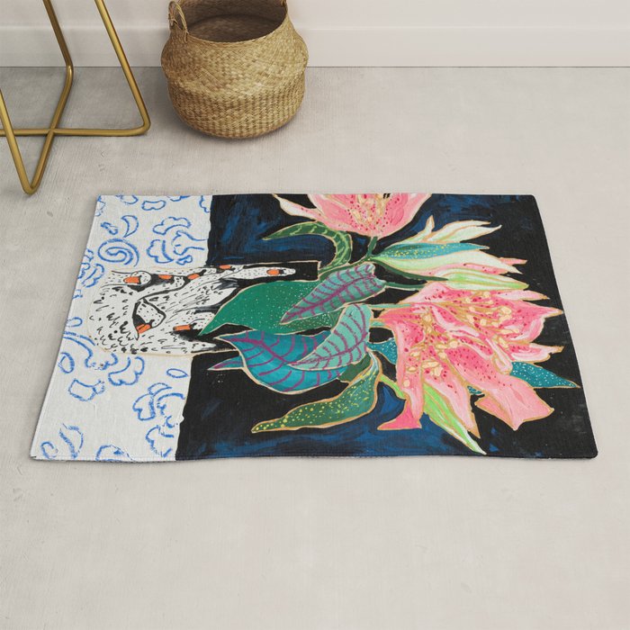 Swan Vase With Pink Lily Flower Bouquet On Dark Blue And Black Winter Floral Rug