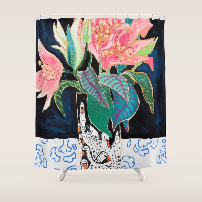 Swan Vase With Pink Lily Flower Bouquet On Dark Blue And Black Winter Floral Shower Curtain