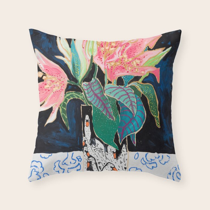Swan Vase With Pink Lily Flower Bouquet On Dark Blue And Black Winter Floral Throw Pillow