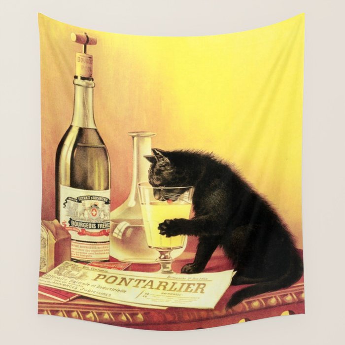 Absinthe Bourgeois Black Cat Vintage Wall Tapestry