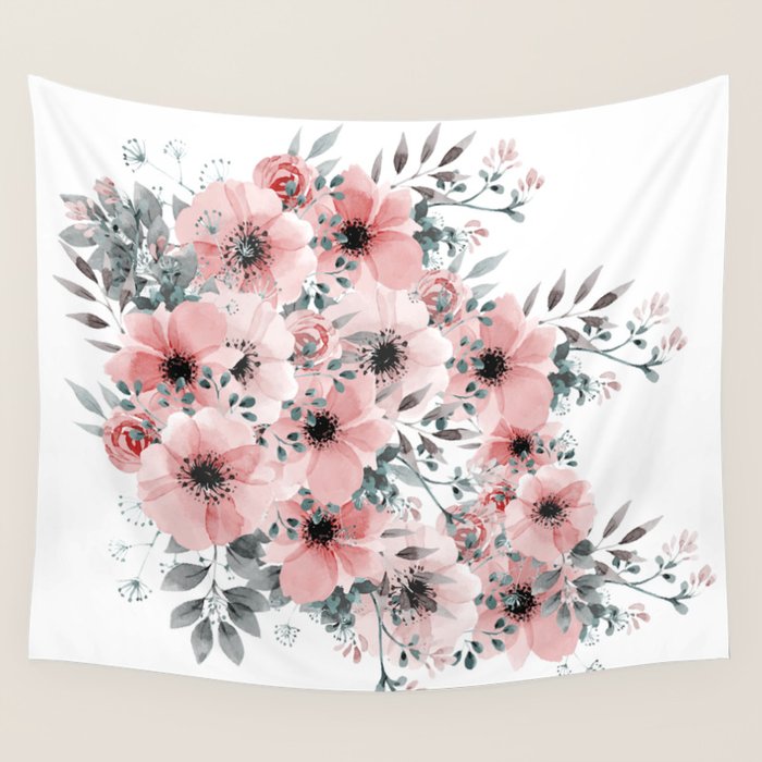 Watercolor Flower, Blush Pink And Gray, Floral Prints Wall Tapestry