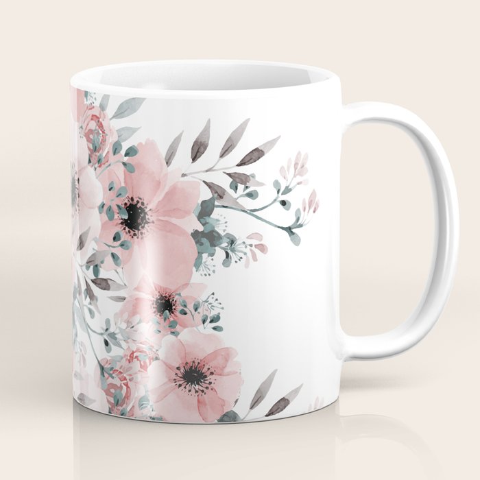 Watercolor Flower, Blush Pink And Gray, Floral Prints Coffee Mug