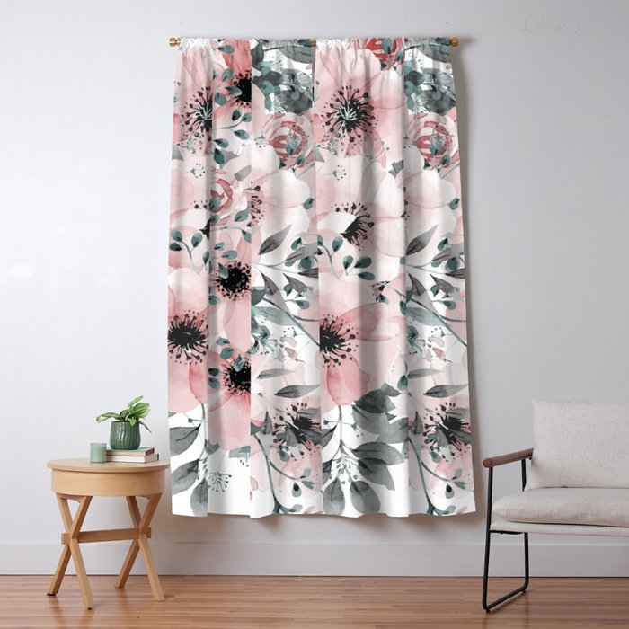 Flower Watercolor, Blush Pink And Gray, Floral Prints Window Curtain