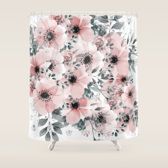 Flower Watercolor, Blush Pink And Gray, Floral Prints Shower Curtain