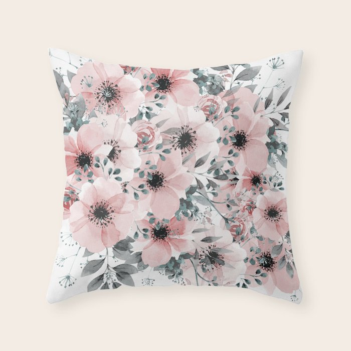 Flower Watercolor, Blush Pink And Gray, Floral Prints Throw Pillow