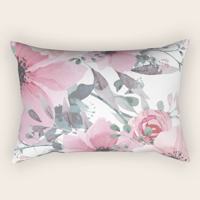 Floral Watercolor, Pink And Gray, Watercolor Print Rectangular Pillow