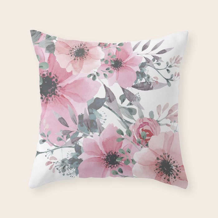 Floral Watercolor, Pink And Gray, Watercolor Print Throw Pillow