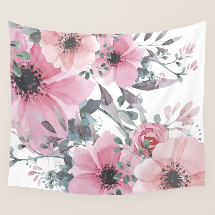 Floral Watercolor, Pink And Gray, Watercolor Print Wall Tapestry