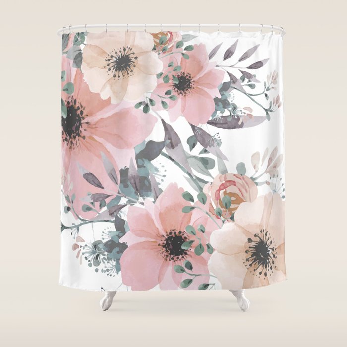 Watercolor, Blush Pink And Peach, Floral Prints Shower Curtain
