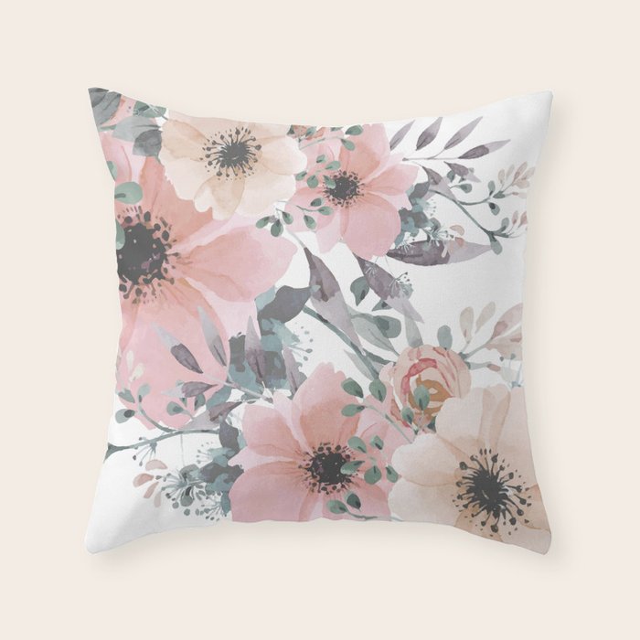 Watercolor, Blush Pink And Peach, Floral Prints Throw Pillow