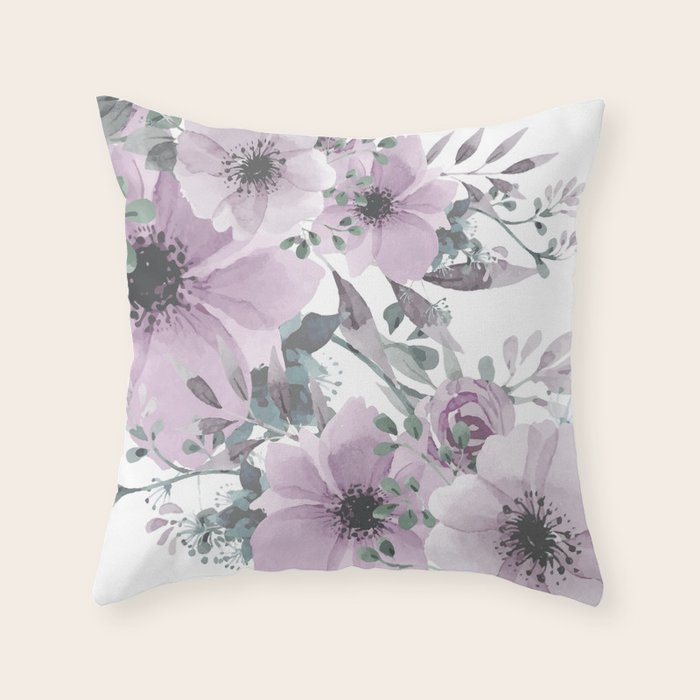 Floral Watercolor, Purple And Gray Throw Pillow