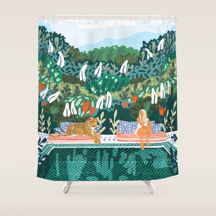 Chilling By The Pool With My Leopard Tropical Jungle Nature Wildlife Bohemian Morocco Travel Shower Curtain
