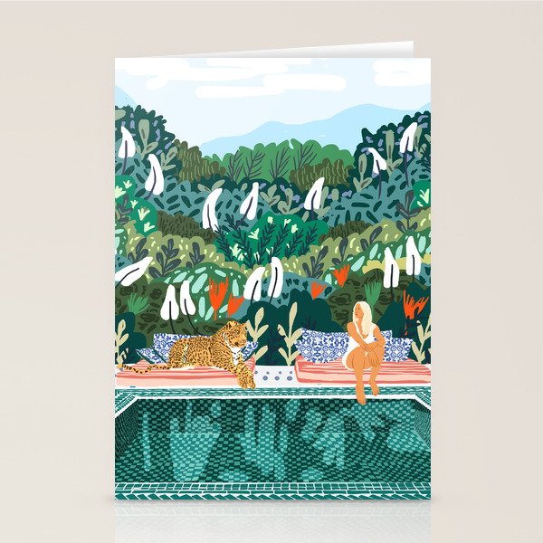 Chilling By The Pool With My Leopard Tropical Jungle Nature Wildlife Bohemian Morocco Travel Stationery Card