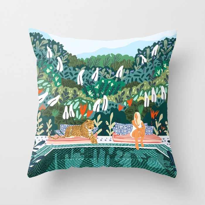 Chilling By The Pool With My Leopard Tropical Jungle Nature Wildlife Bohemian Morocco Travel Throw Pillow