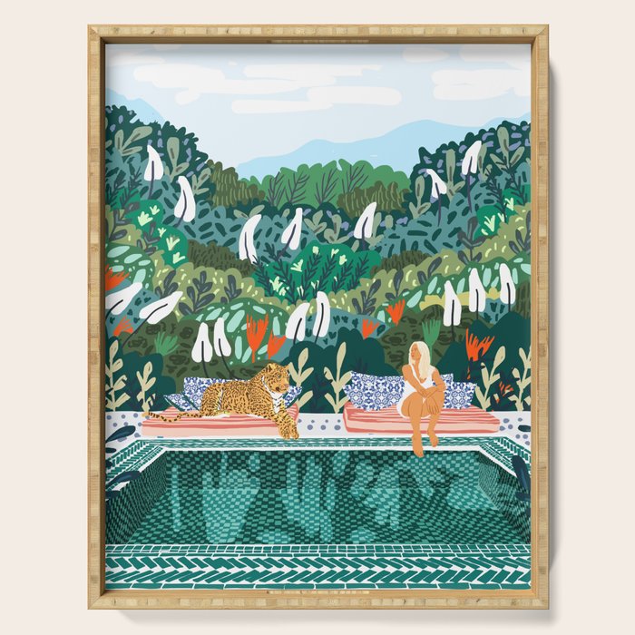 Chilling By The Pool With My Leopard Tropical Jungle Nature Wildlife Bohemian Morocco Travel Serving Tray