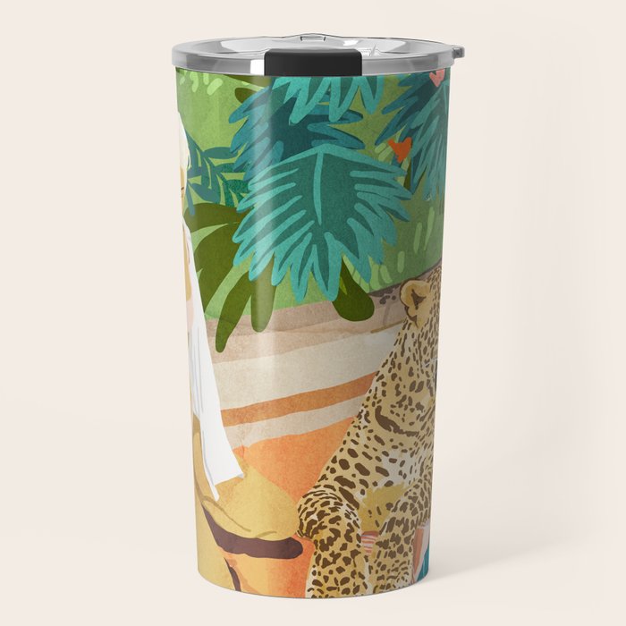 The Wild Side, Human & Nature Connection, Woman With Cheetah Cat, Tiger Painting Travel Mug