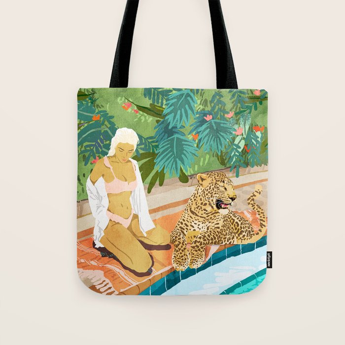 The Wild Side, Human & Nature Connection, Woman With Cheetah Cat, Tiger Painting Tote Bag
