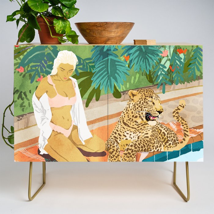 The Wild Side, Human & Nature Connection, Woman With Cheetah Cat, Tiger Painting Credenza