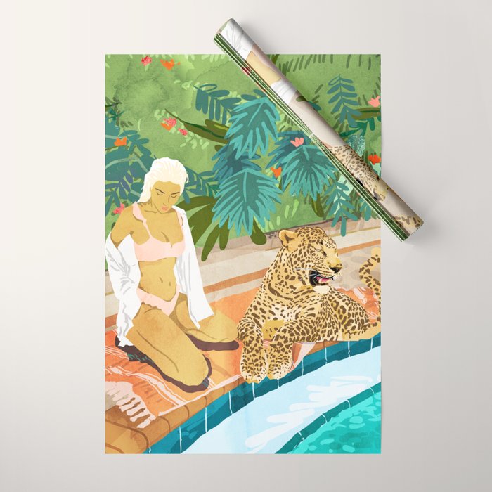 The Wild Side, Human & Nature Connection, Woman With Cheetah Cat, Tiger Painting Wrapping Paper