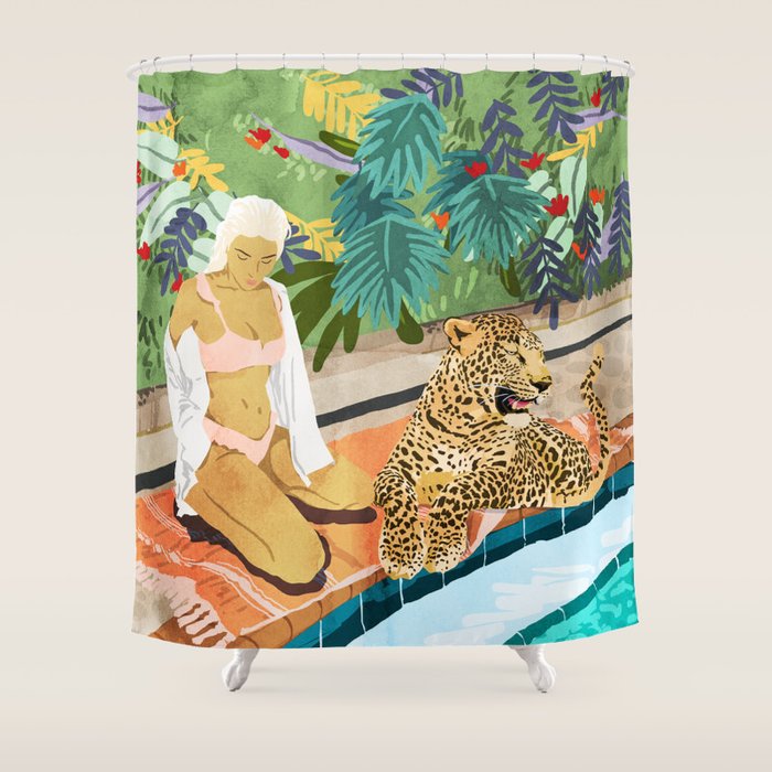 The Wild Side, Human & Nature Connection, Woman With Cheetah Cat, Tiger Painting Shower Curtain