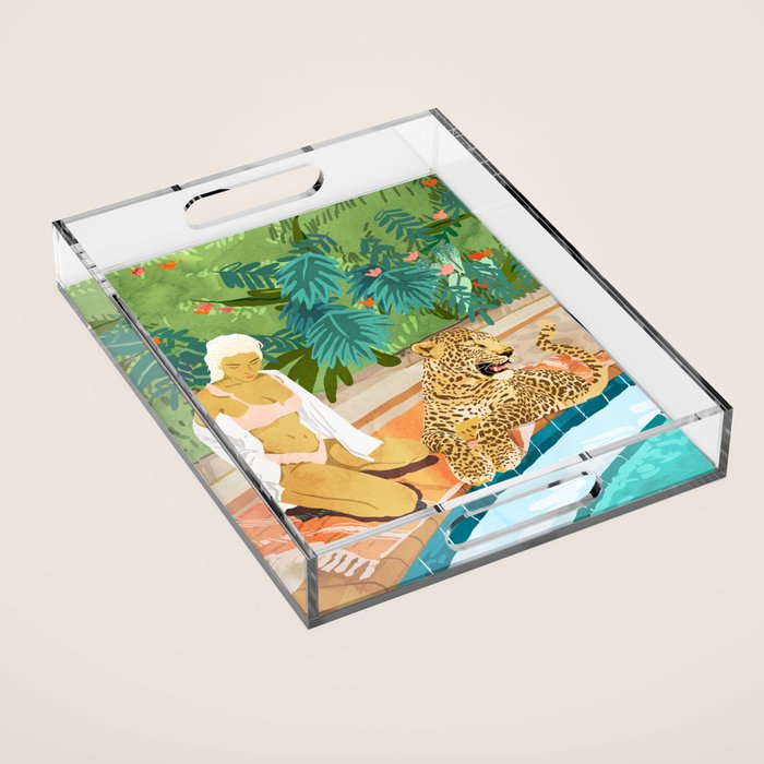 The Wild Side, Human & Nature Connection, Woman With Cheetah Cat, Tiger Painting Acrylic Tray