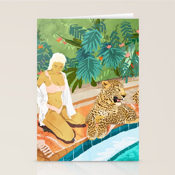 The Wild Side, Human & Nature Connection, Woman With Cheetah Cat, Tiger Painting Stationery Card