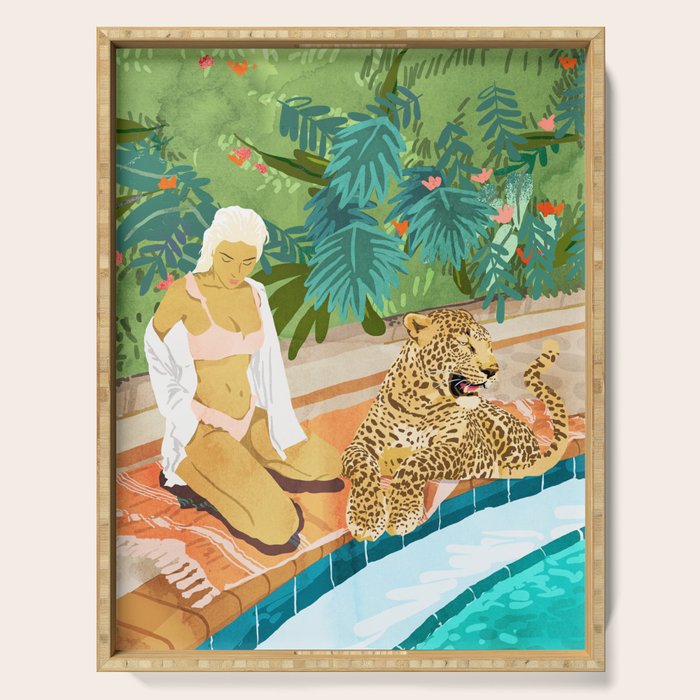 The Wild Side, Human & Nature Connection, Woman With Cheetah Cat, Tiger Painting Serving Tray