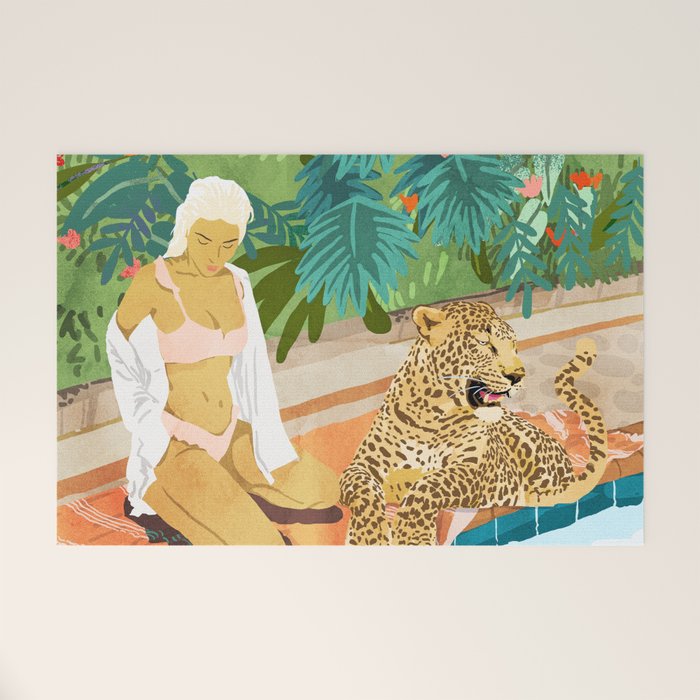 The Wild Side, Human & Nature Connection, Woman With Cheetah Cat, Tiger Painting Welcome Mat