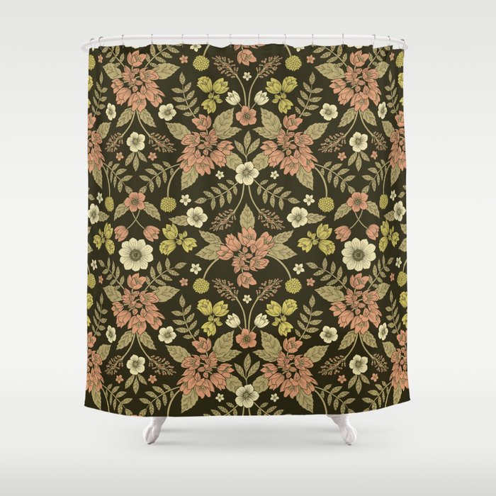 Sage, Dark Green, Peach & Cream Floral Pattern Shower Curtain